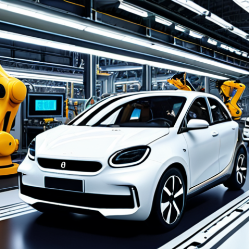 Home 22 A futuristic smart factory with robots working on a car assembly line, showcasing data dashboards, advanced sensors, and automated machinery.