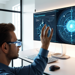 A professional, such as a web designer or architect, in a modern, brightly lit office. They are deeply focused, interacting with a futuristic, holographic AI interface or digital screen that projects complex data and creative elements. The AI is depicted as a seamless, helpful partner, visually augmenting the human's work, perhaps showing abstract digital patterns flowing into the human's design. Emphasize human-AI synergy, efficiency, and enhanced creativity. The atmosphere should be optimistic and futuristic, with a clean, sleek aesthetic.