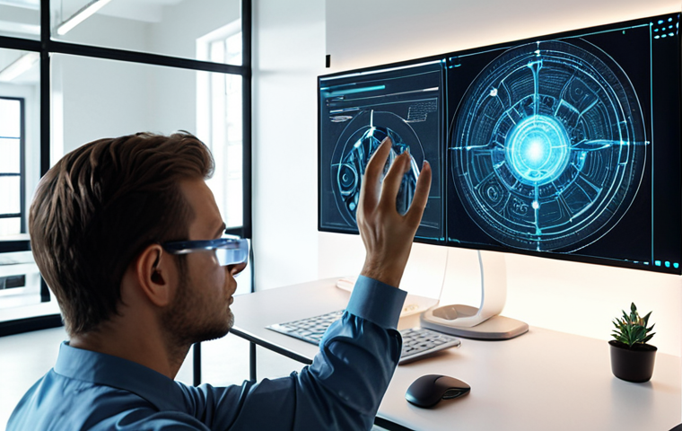 A professional, such as a web designer or architect, in a modern, brightly lit office. They are deeply focused, interacting with a futuristic, holographic AI interface or digital screen that projects complex data and creative elements. The AI is depicted as a seamless, helpful partner, visually augmenting the human's work, perhaps showing abstract digital patterns flowing into the human's design. Emphasize human-AI synergy, efficiency, and enhanced creativity. The atmosphere should be optimistic and futuristic, with a clean, sleek aesthetic.