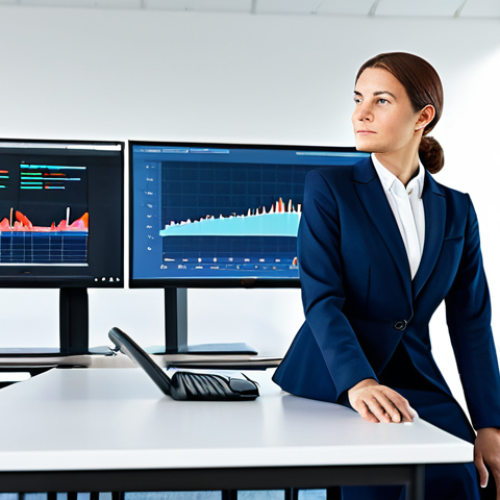 Home 20 A professional adult businesswoman in a modest business suit, sitting comfortably at a sleek, modern desk in a bright, open-plan office. She is looking at a holographic interface displaying data visualizations and digital tools, symbolizing flexible thinking and digital skill acquisition. Her posture is natural and focused. The overall image conveys innovation and learning, safe for work, appropriate content, fully clothed, professional, modest clothing, appropriate attire, professional dress, perfect anatomy, correct proportions, natural pose, well-formed hands, proper finger count, natural body proportions, high-quality digital illustration, professional photography style.